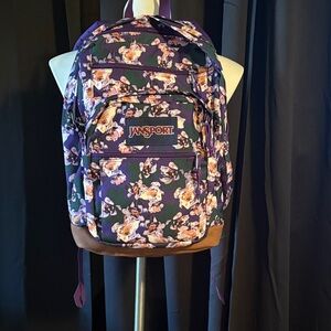 Jansport Purple Floral Print Backpack with Brown Suede Base